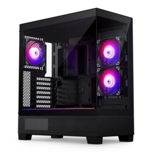 RGB-lit gaming PC tower with transparent side panel